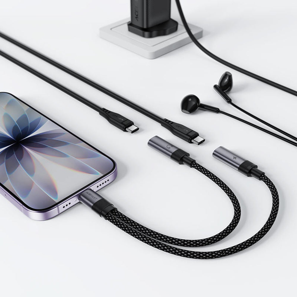 Adaptor Audio USB-C - 2 x USB-C Acefast J14, Negru