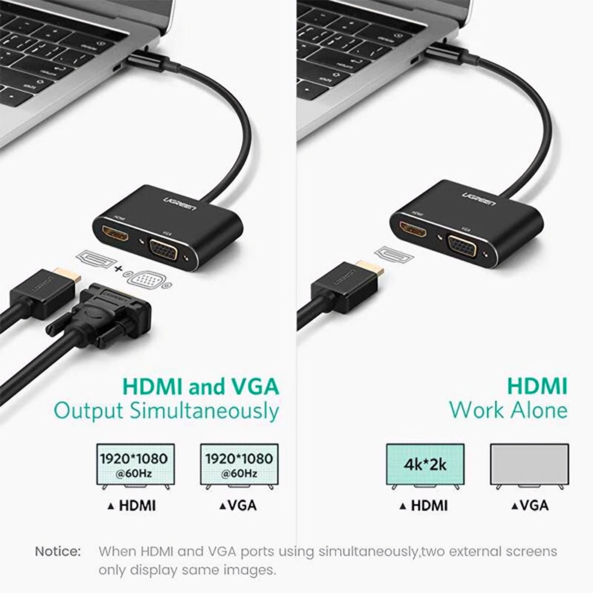 Adaptor Video UGREEN CM449, USB-A - HDMI / VGA, 1080P, Gri