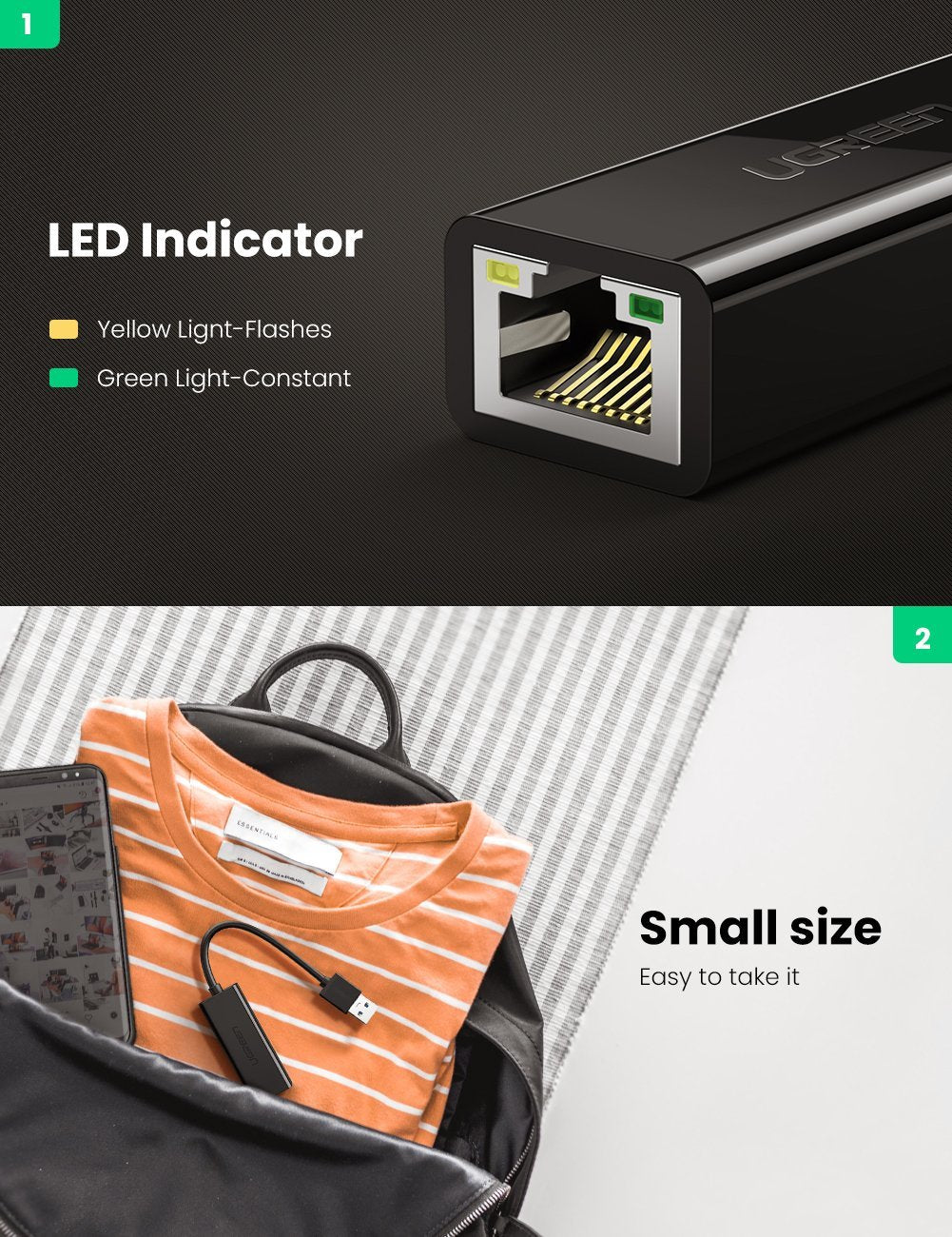 Placa Retea UGREEN CR111, RJ45, USB 3.0, Negru