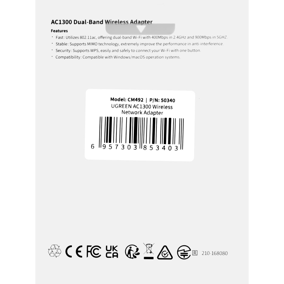 Adaptor Wireless UGREEN CM492, Dual Band, 1300Mbps, Gri
