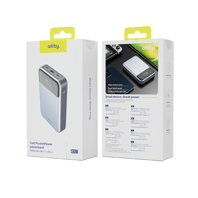 Baterie Externa Allity. APB-200 PocketPower, 19200mAh, 130W, QC + PD, 1 x USB-A - 2 x USB-C, Gri