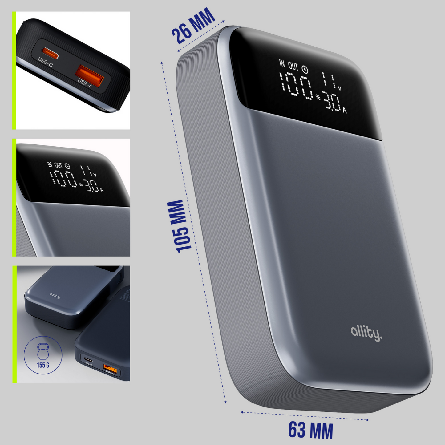 Baterie Externa Allity. APB-200 PocketPower, 10000mAh, 33W, QC + PD, 1 x USB-A - 1 x USB-C, Gri