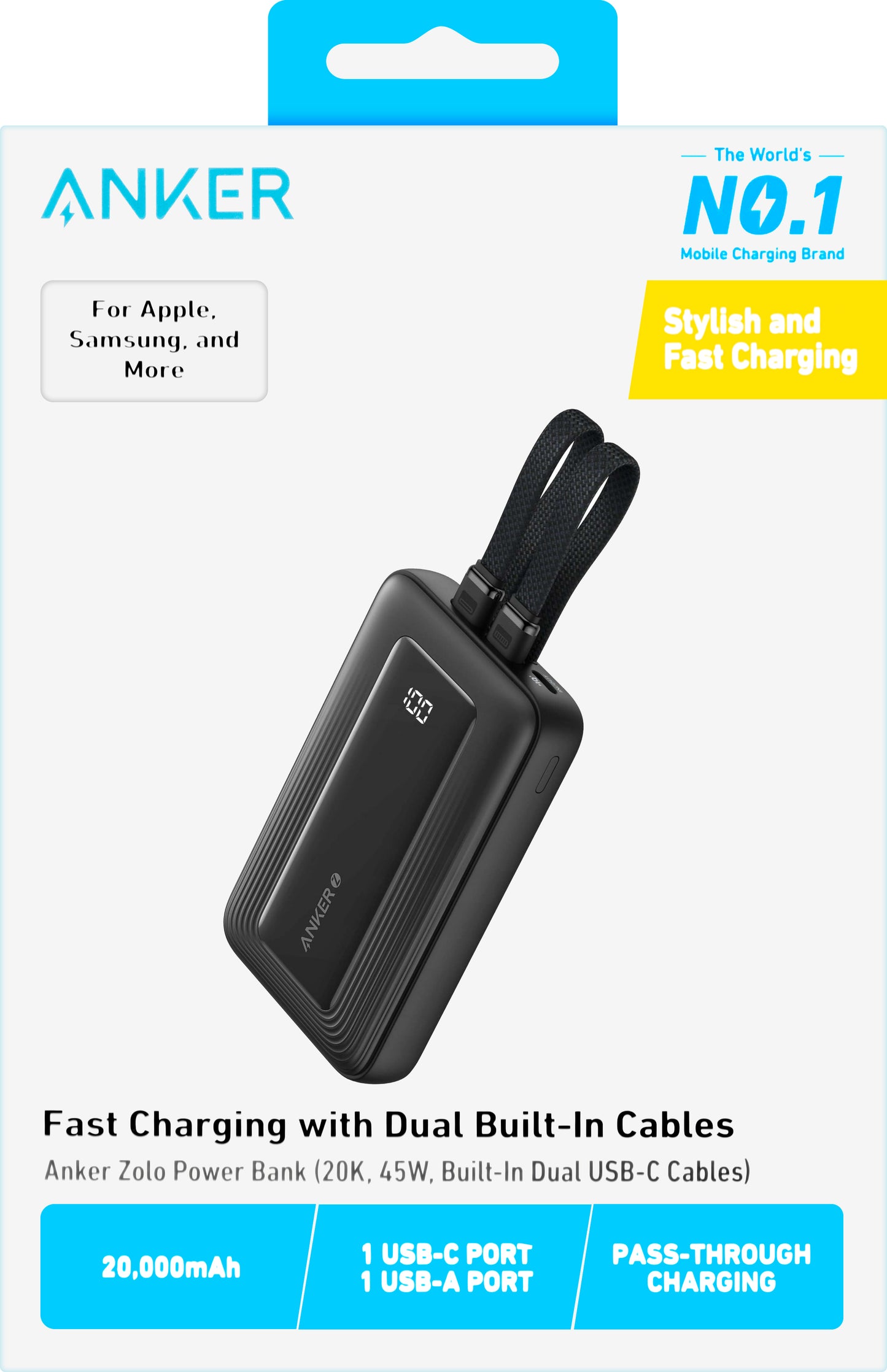 Baterie Externa Anker Zolo, 20000mAh, 45W, QC + PD, 1 x USB-A - 3 x USB-C, Neagra A1681H12