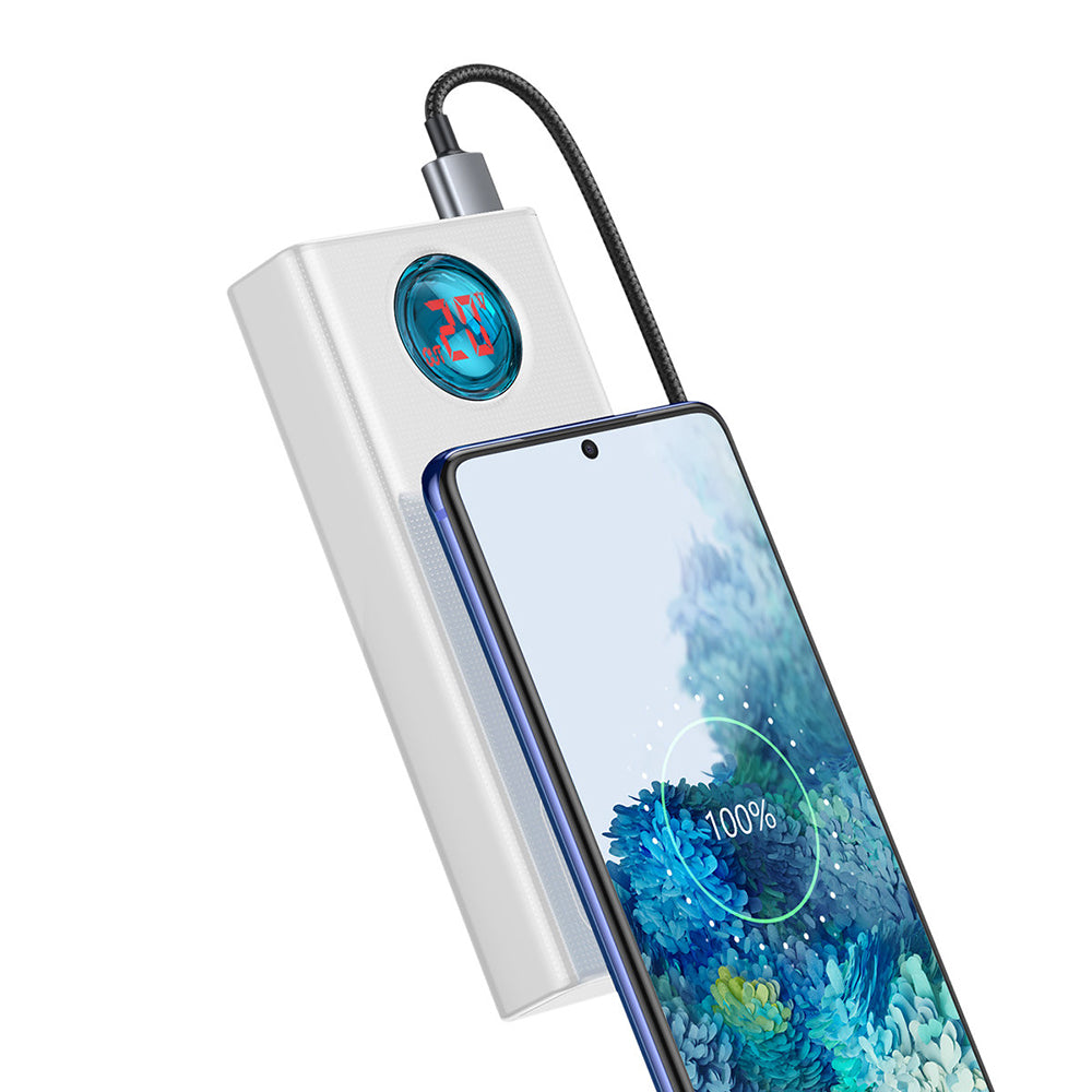 Baterie Externa Baseus Amblight Digital Display, 30000mAh, 65W, QC + PD, 1 x USB-C - 4 x USB-A, Alba PPLG000102