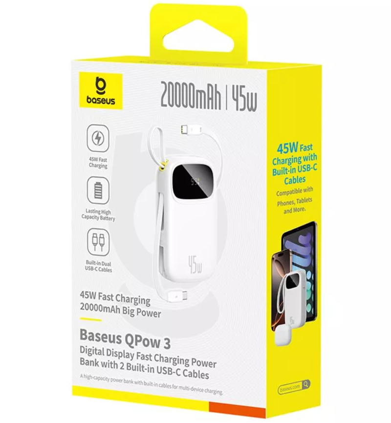 Baterie Externa Baseus EnerFill FC31, 20000mAh, 45W, QC + PD, 1 x Lightning - 1 x USB-A - 2 x USB-C, Alba P10082105213-00