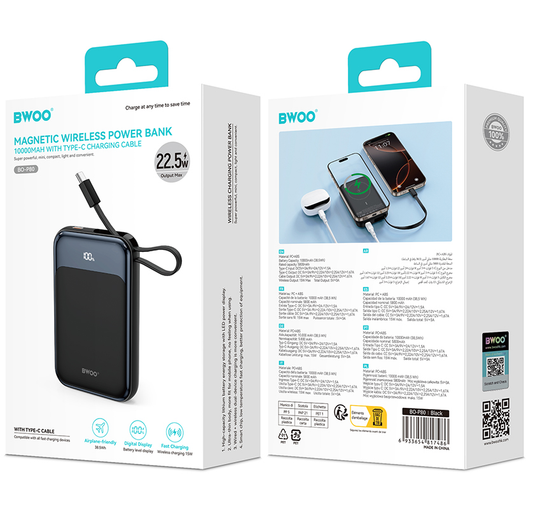 Baterie Externa Wireless BWOO BO-P80, 10000mAh, 22.5W, PD + FQI, 1 x QI - 2 x USB-C, Neagra