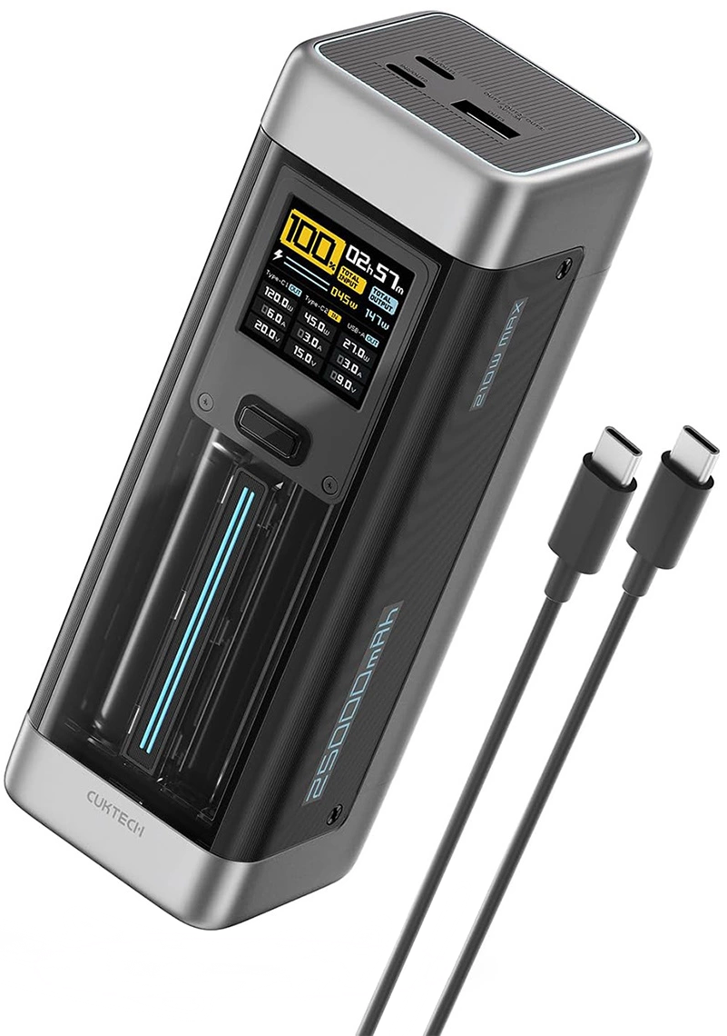 Baterie Externa Cuktech, 25000mAh, 210W, QC + PD, 1 x USB-A - 2 x USB-C, Neagra CUK00P23GLBK