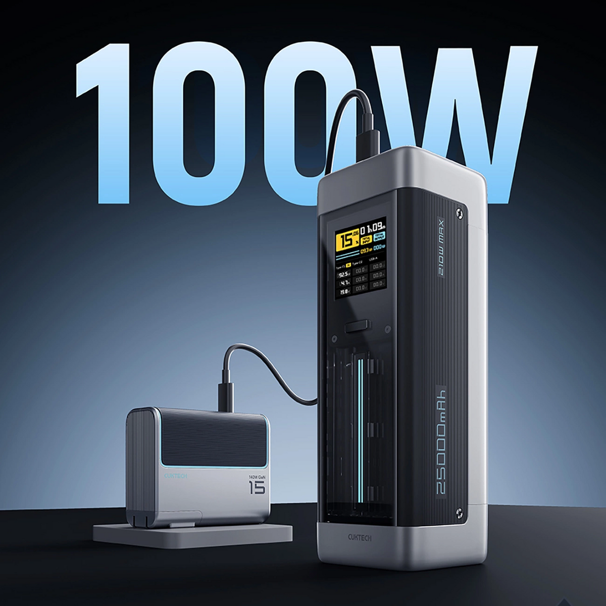 Baterie Externa Cuktech, 25000mAh, 210W, QC + PD, 1 x USB-A - 2 x USB-C, Neagra CUK00P23GLBK