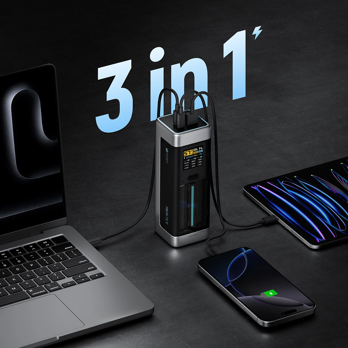 Baterie Externa Cuktech, 25000mAh, 210W, QC + PD, 1 x USB-A - 2 x USB-C, Neagra CUK00P23GLBK