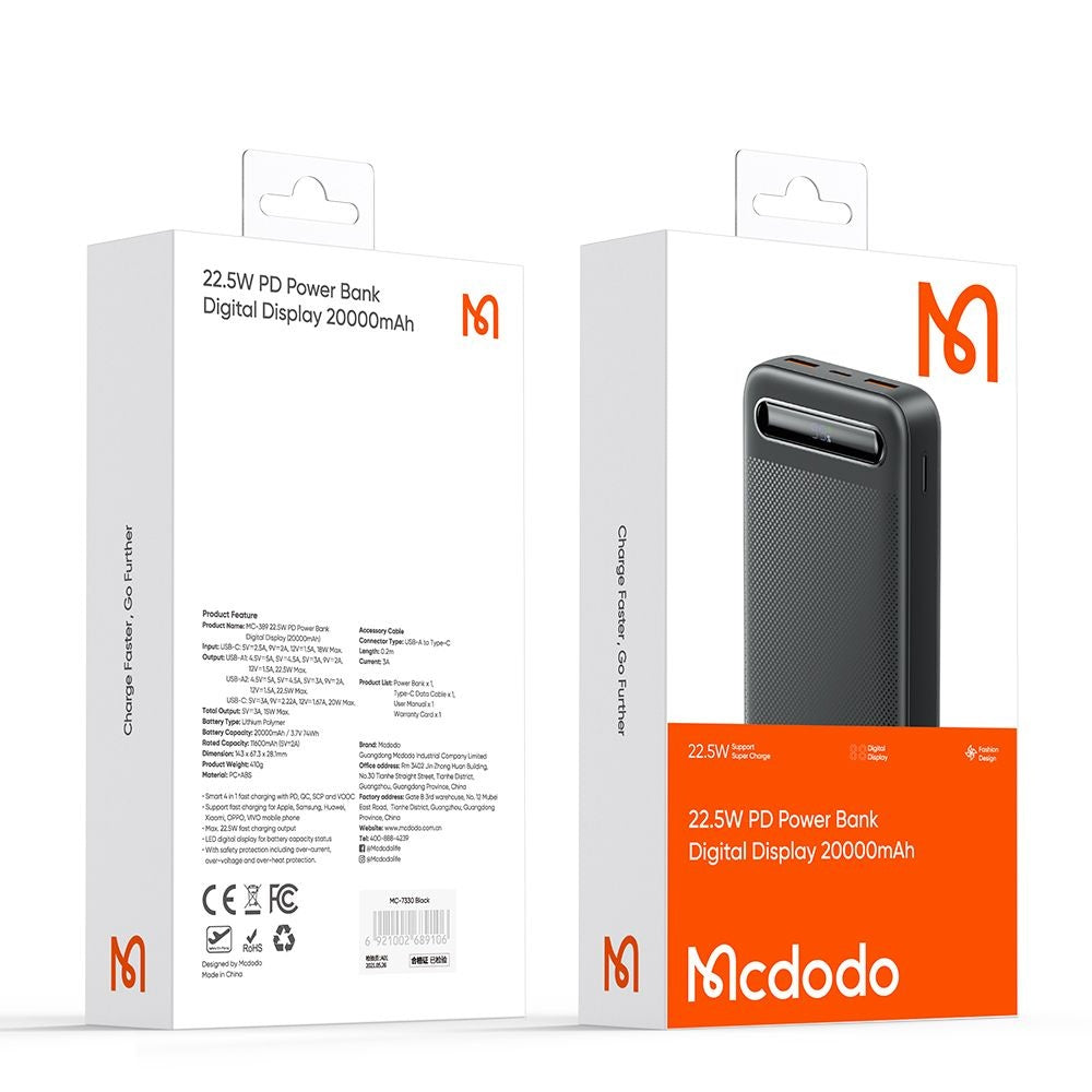 Baterie Externa McDodo MC-3891 Star, 20000mAh, 22.5W, QC + PD, 2 x USB-A - 1 x USB-C, Neagra