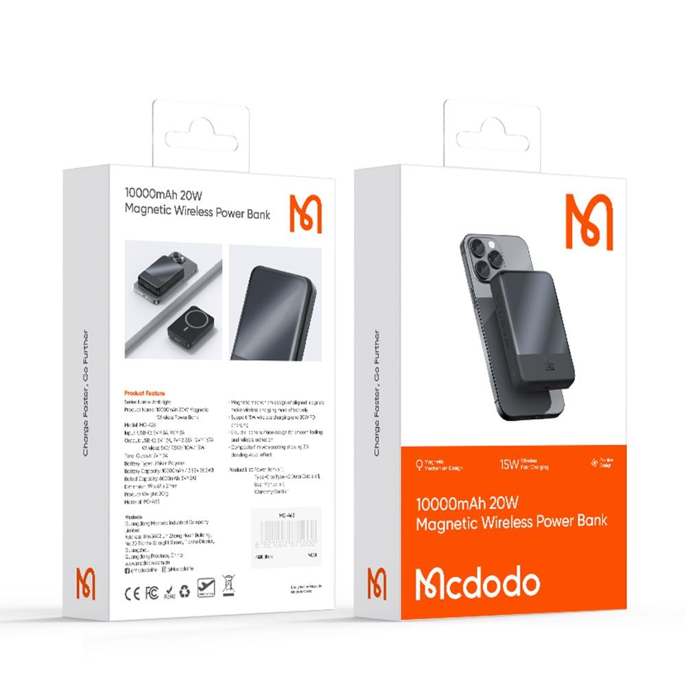 Baterie Externa Wireless McDodo MC-4261 Ambilight, 10000mAh, 20W, PD + FQI, 1 x QI - 1 x USB-C, Neagra