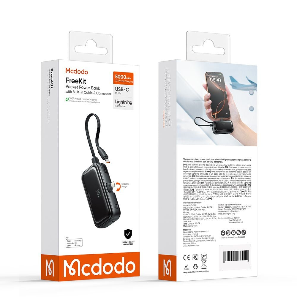 Baterie Externa McDodo MC-7800 Freekit, 5000mAh, 22.5W, PD, 1 x Lightning - 2 x USB-C, Neagra