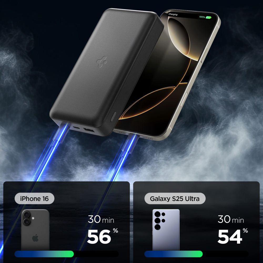 Baterie Externa Spigen, 20000mAh, 30W, QC + PD, 1 x USB-A - 2 x USB-C, Neagra ABA09433