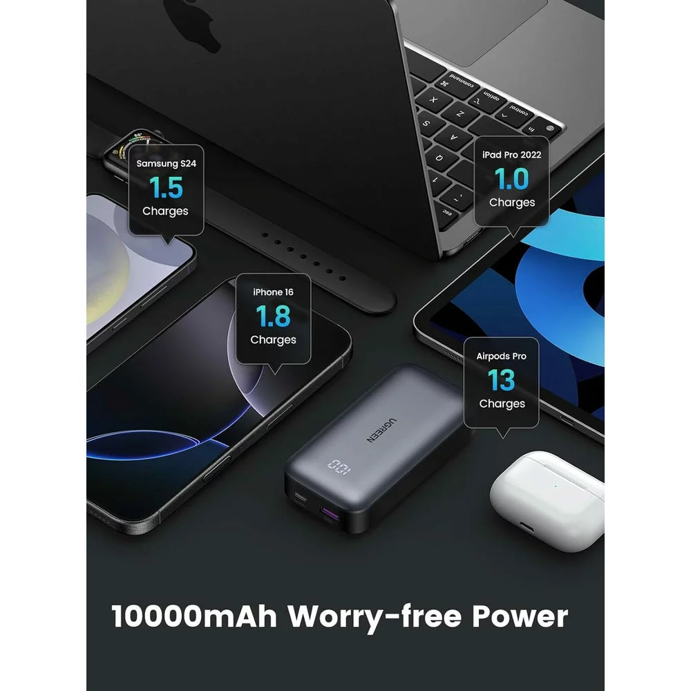 Baterie Externa UGREEN PB502, 10000mAh, 30W, QC + PD, 1 x USB-A - 1 x USB-C, Gri