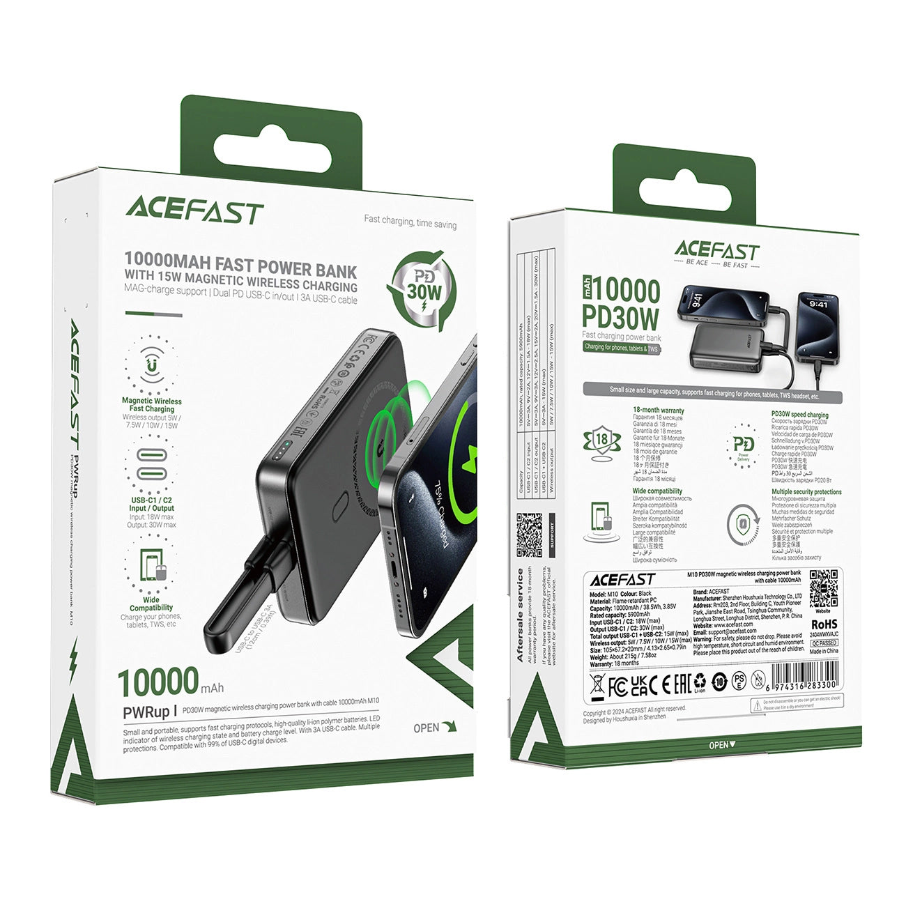 Baterie Externa Wireless Acefast M10, 10000mAh, 30W, PD + FQI, 1 x QI - 2 x USB-C, Neagra