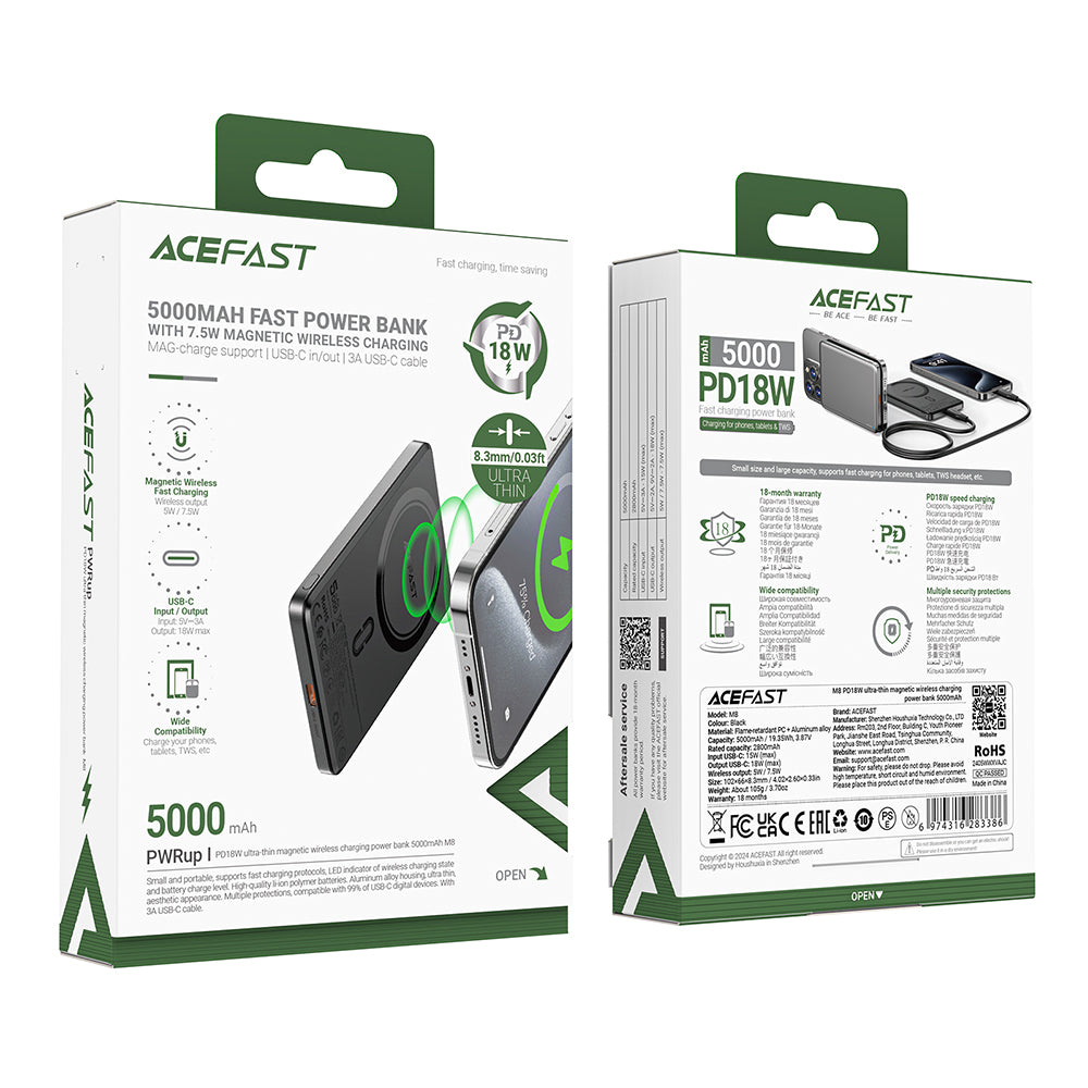 Baterie Externa Wireless Acefast M8, 5000mAh, 18W, PD + FQI, 1 x QI - 1 x USB-C, Neagra