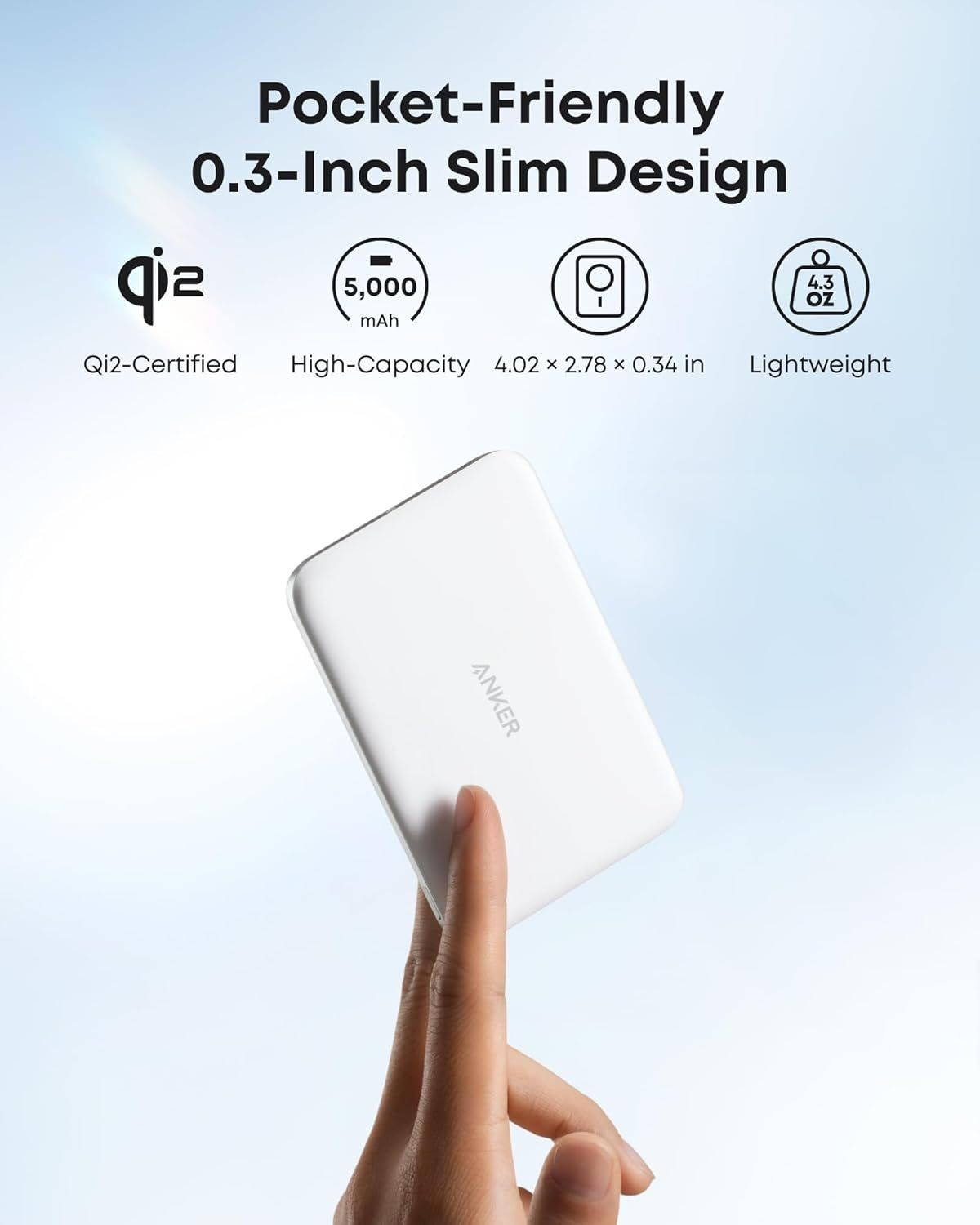 Baterie Externa Wireless Anker Nano, 5000mAh, 20W, PD + FQI, 1 x QI - 1 x USB-C, Alba A1665H21