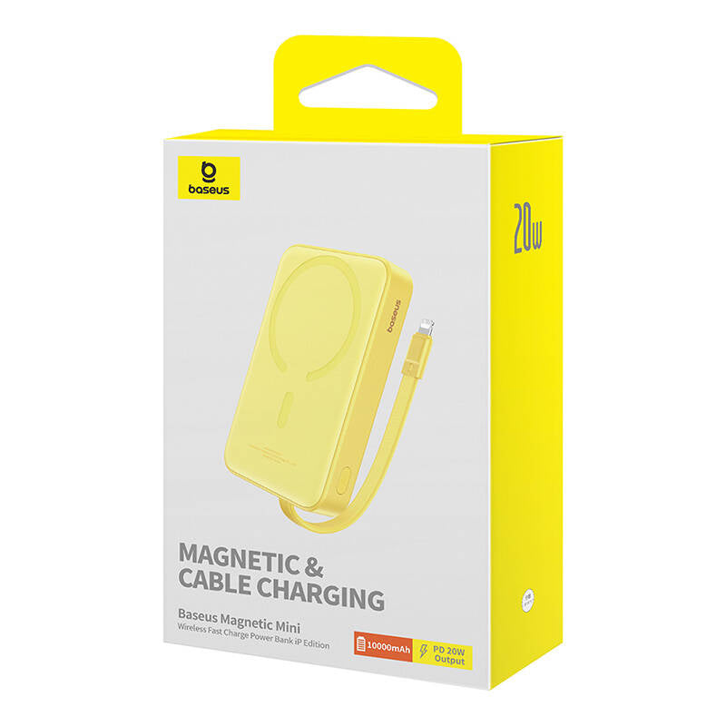 Baterie Externa Wireless Baseus Magnetic Mini, 10000mAh, 20W, PD + FQI, 1 x Lightning - 1 x QI - 1 x USB-C, Galbena P10022109Y23-00