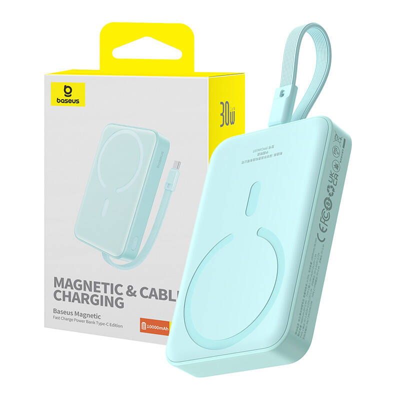 Baterie Externa Wireless Baseus Magnetic Mini, 10000mAh, 30W, PD + FQI, 1 x Lightning - 1 x QI - 1 x USB-C, Albastra P1002210B333-00