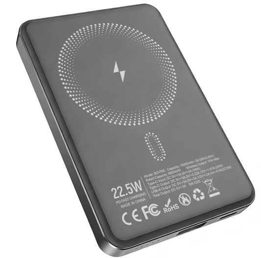 Baterie Externa Wireless BWOO BO-P82, 10000mAh, 22.5W, PD + FQI, 1 x QI - 1 x USB-C, Gri