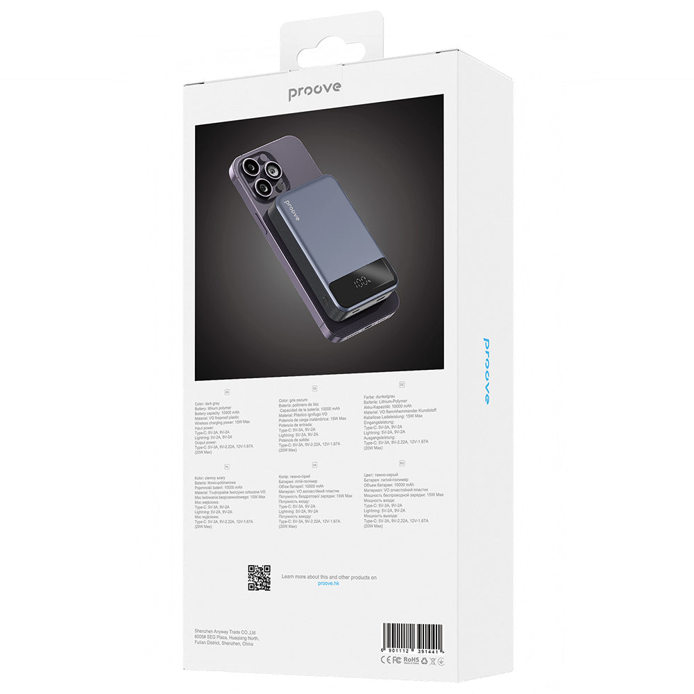 Baterie Externa Wireless Proove Hoodman, 10000mAh, 20W, PD + FQI, 1 x QI - 1 x USB-C, Gri PBH120010003