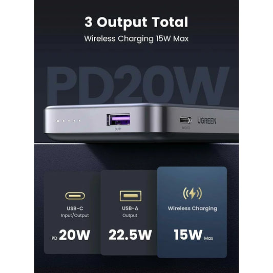 Baterie Externa Wireless UGREEN PB206, 10000mAh, 20W, QC + PD + FQI, 1 x QI - 1 x USB-A - 1 x USB-C, Gri