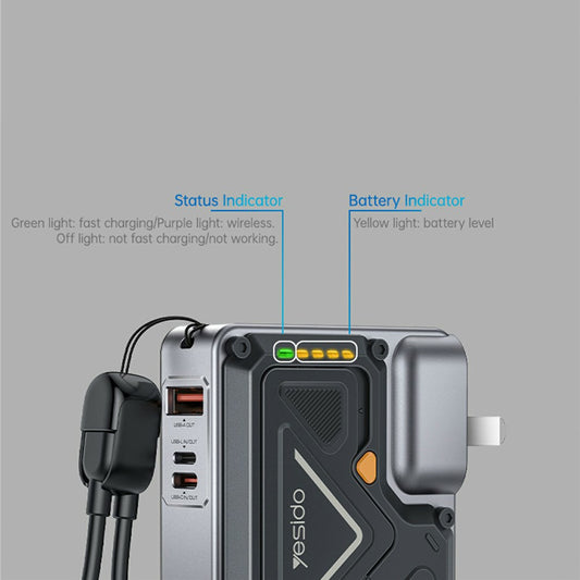 Baterie Externa Yesido YP89, 10000mAh, 22.5W, QC + PD + FQI, 1 x Lightning - 1 x QI - 1 x USB-A - 1 x USB-C, Gri