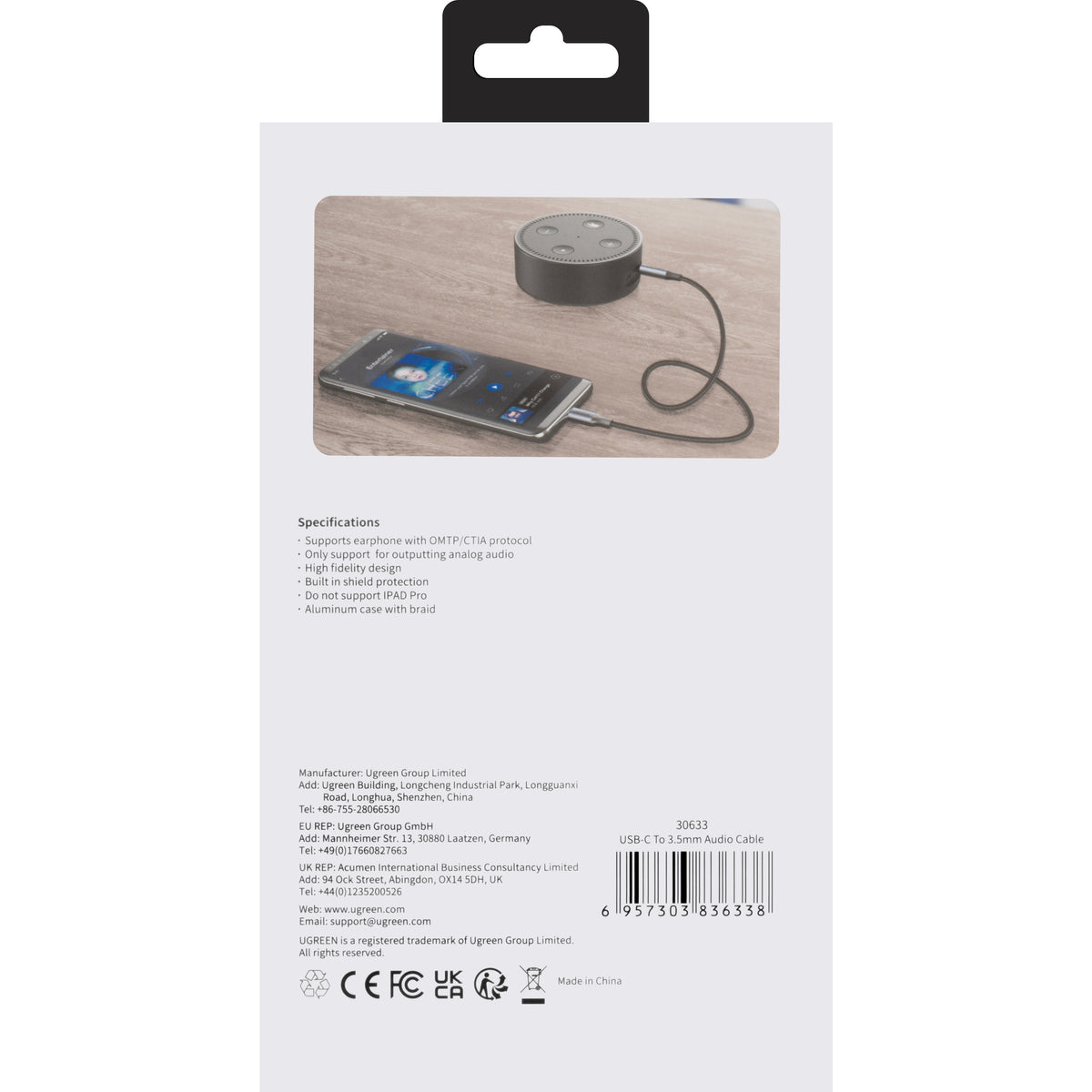 Cablu Audio USB-C - 3.5mm UGREEN AV143, 1m, Gri