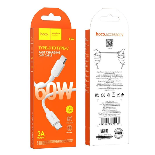 Cablu Date si Incarcare USB-C - USB-C HOCO X96, 60W, 1m, Alb