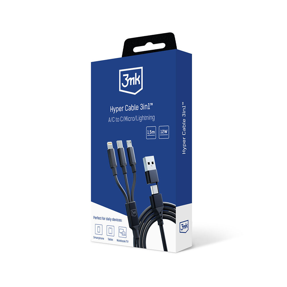 Cablu Incarcare USB-A / USB-C - Lightning / microUSB / USB-C 3MK Hyper 3in1, 12W, 1.5m, Negru