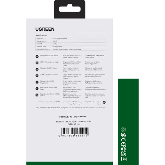 Cablu Date si Incarcare USB-C - USB-C UGREEN US300, 100W, 1m, Alb