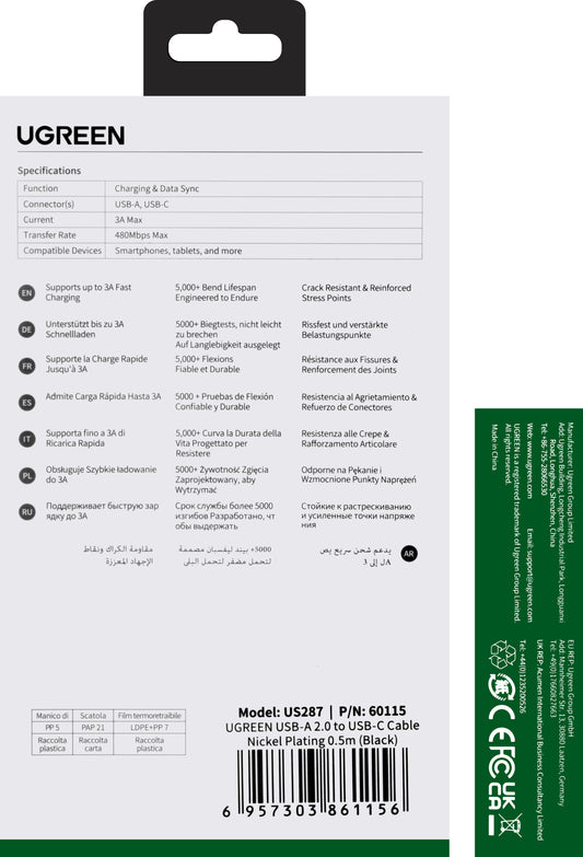Cablu Date si Incarcare USB-A - USB-C UGREEN US287, 60W, 0.5m, Negru