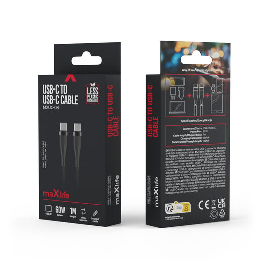 Cablu Date si Incarcare USB-C - USB-C MaXlife MXUC-08, 60W, 1m, Negru