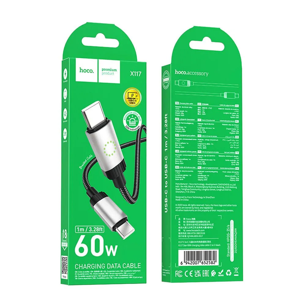 Cablu Date si Incarcare USB-C - USB-C HOCO X117, 60W, 1m, Negru