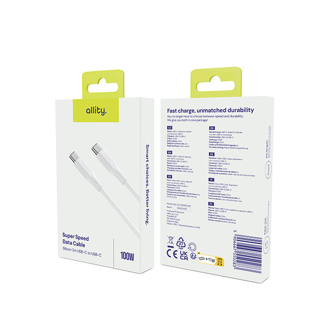 Cablu Date si Incarcare USB-C - USB-C Allity. AUC-02, 100W, 2m, Alb