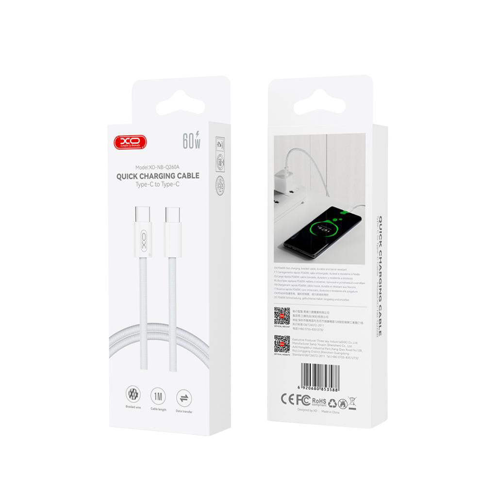 Cablu Date si Incarcare USB-C - USB-C XO Design NB-Q260B, 60W, 1.5m, Alb