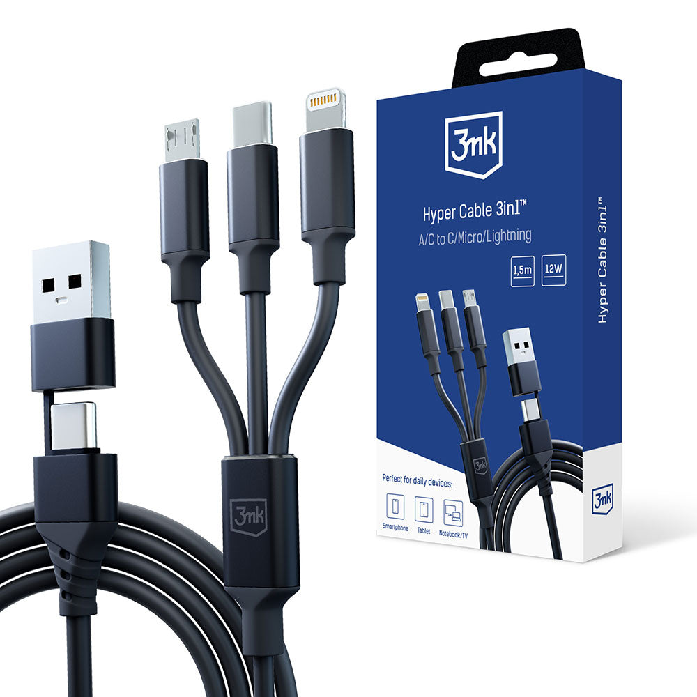 Cablu Incarcare USB-A / USB-C - Lightning / microUSB / USB-C 3MK Hyper 3in1, 12W, 1.5m, Negru