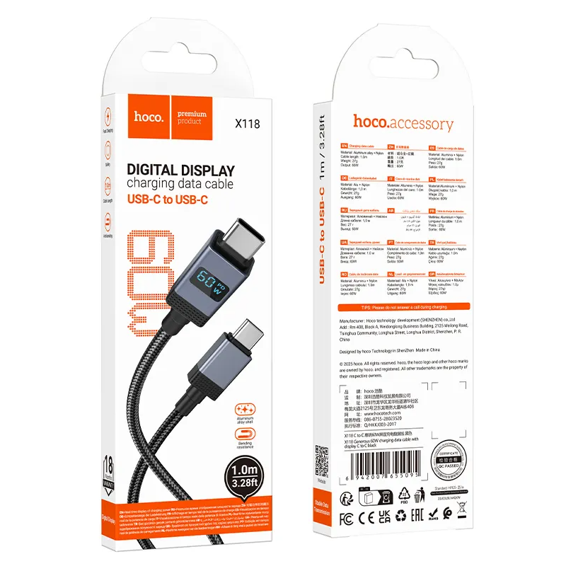 Cablu Date si Incarcare USB-C - USB-C HOCO X118 Display, 60W, 1m, Negru