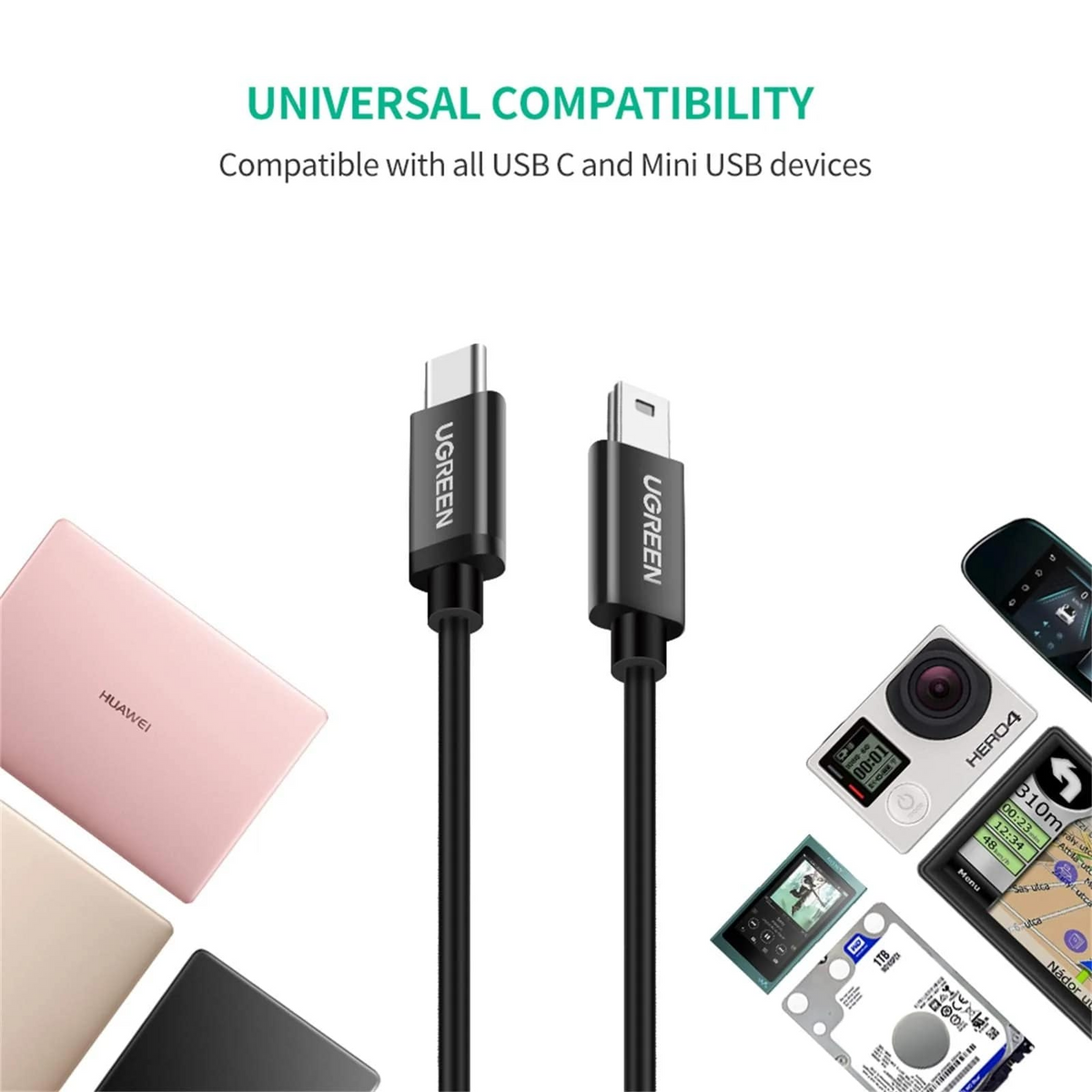 Cablu Date si Incarcare USB-C - miniUSB UGREEN US242, 18W, 1m, Negru