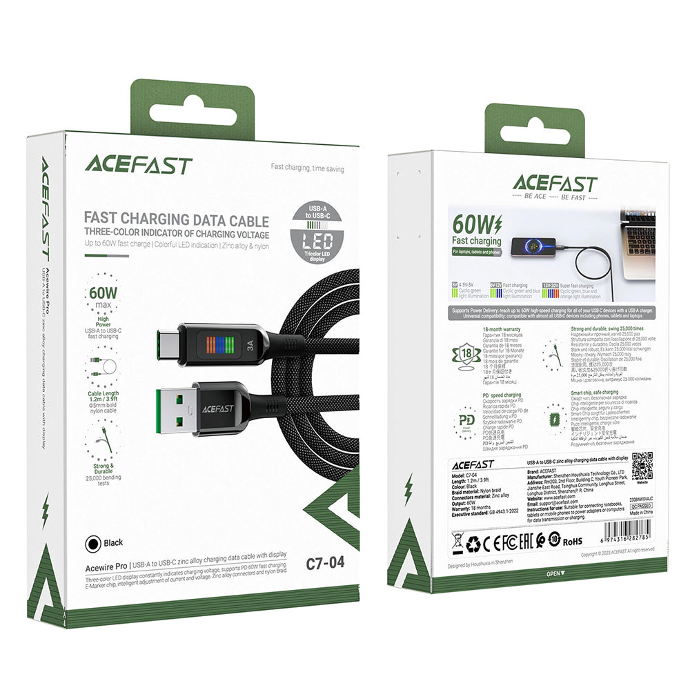 Cablu Date si Incarcare USB-A - USB-C Acefast C7-04, 18W, 1.2m, Negru