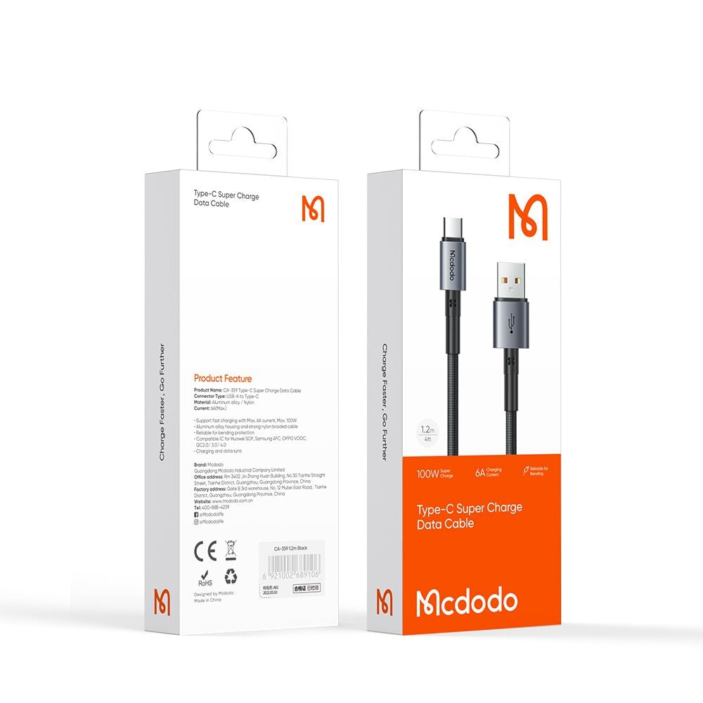 Cablu Date si Incarcare USB-A - USB-C McDodo CA-3590, 100W, 1.2m, Negru