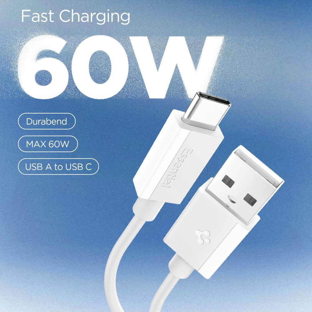 Cablu Date si Incarcare USB-A - USB-C Spigen Essential, 60W, 1m, Alb ACA08715