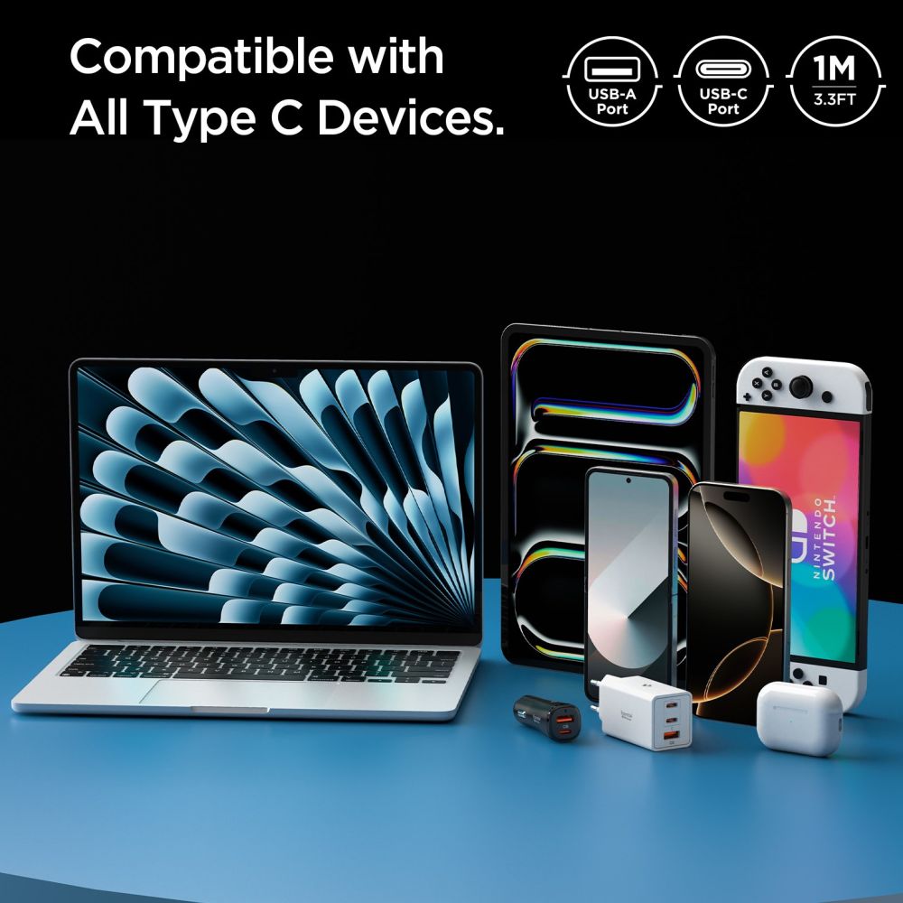Cablu Date si Incarcare USB-A - USB-C Spigen Essential, 60W, 1m, Alb ACA08715