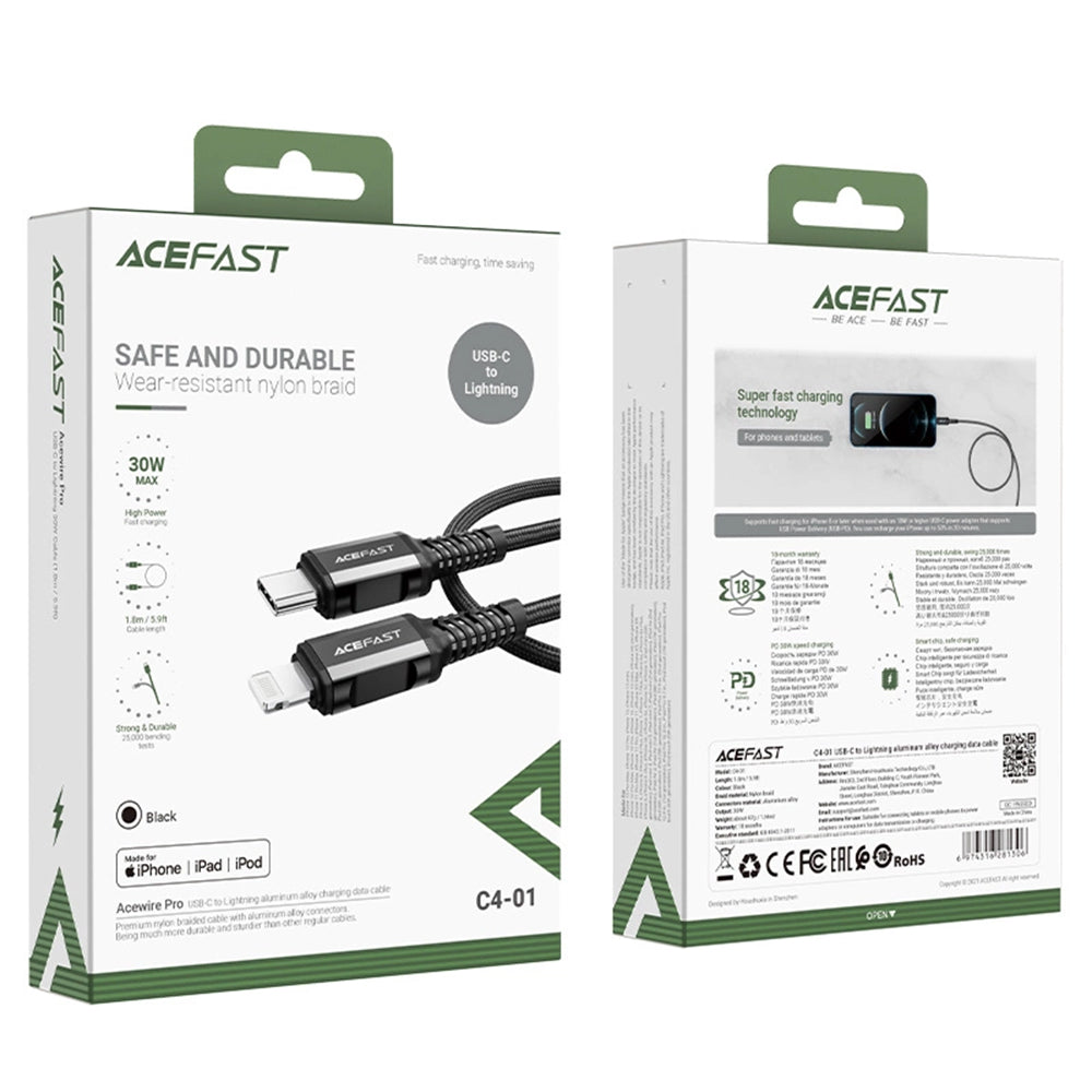 Cablu Date si Incarcare USB-C - Lightning Acefast C4-01, 30W, 1.8m, Negru