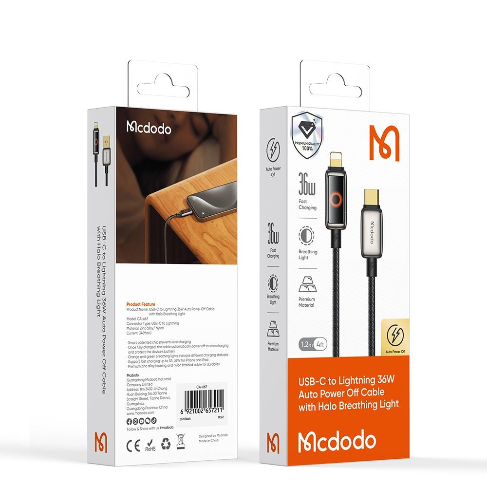Cablu Date si Incarcare USB-C - Lightning McDodo CA-6670 Auto Power Off, 36W, 1.2m, Negru