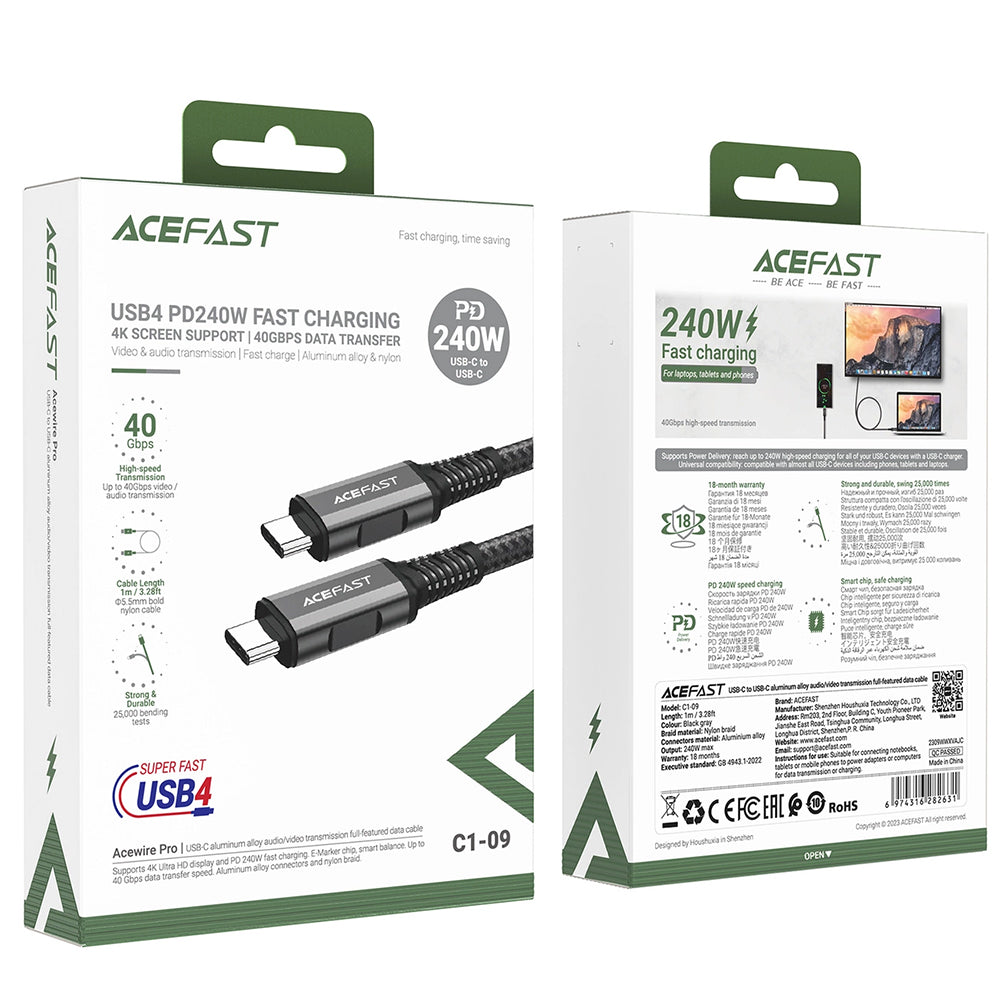 Cablu Date si Incarcare USB-C - USB-C Acefast C1-09, 240W, 1m, Gri