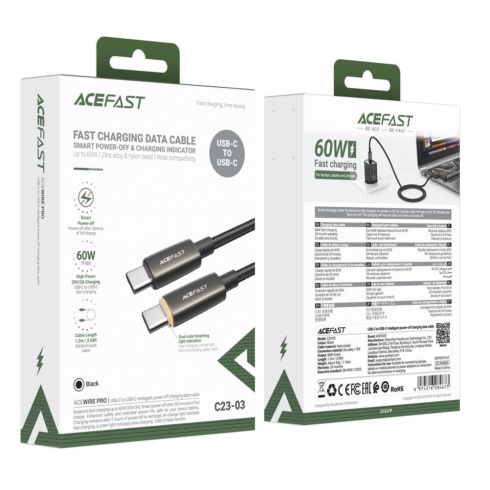 Cablu Date si Incarcare USB-C - USB-C Acefast C23-03, 60W, 1.2m, Negru
