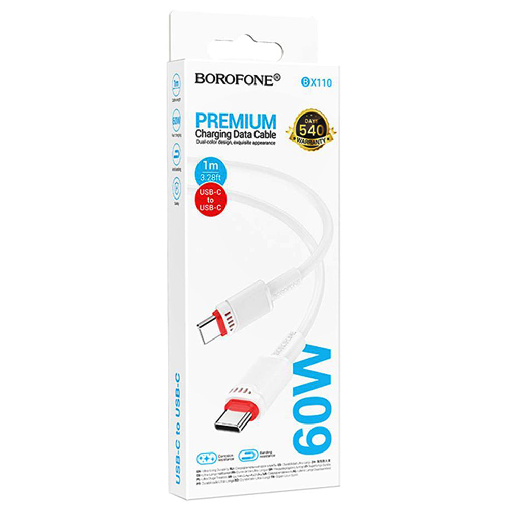Cablu Date si Incarcare USB-C - USB-C Borofone BX110 Beneficio, 60W, 1m, Alb