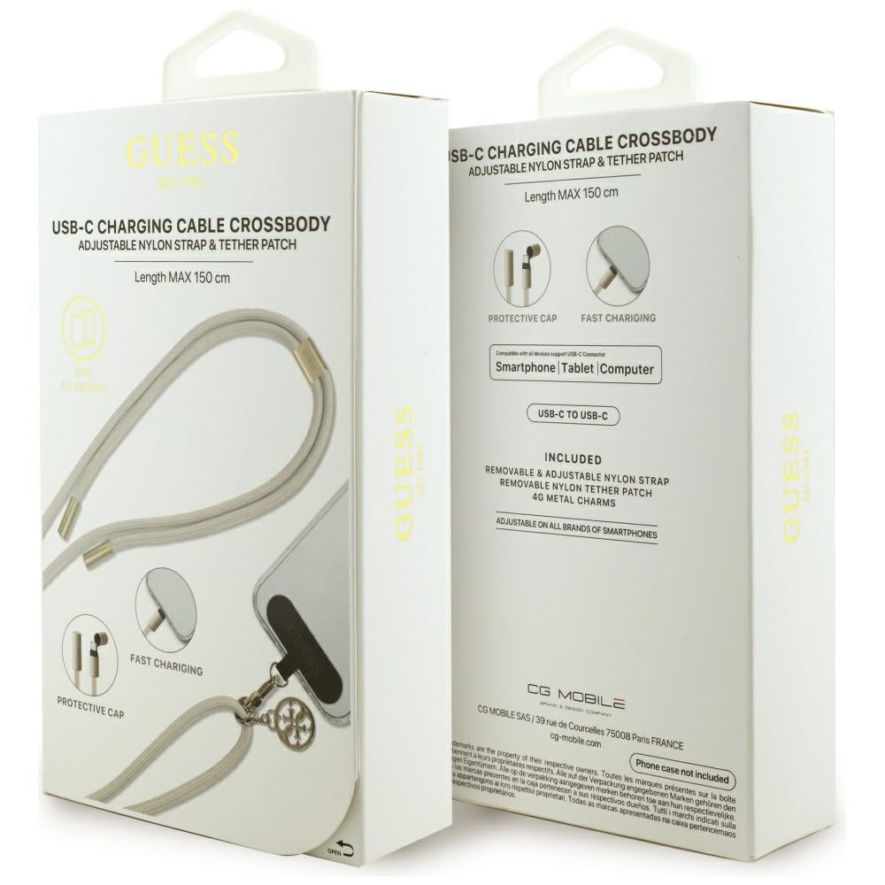 Cablu Date si Incarcare USB-C - USB-C Guess CBDY 4G Charm, 100W, 1.5m, Bej