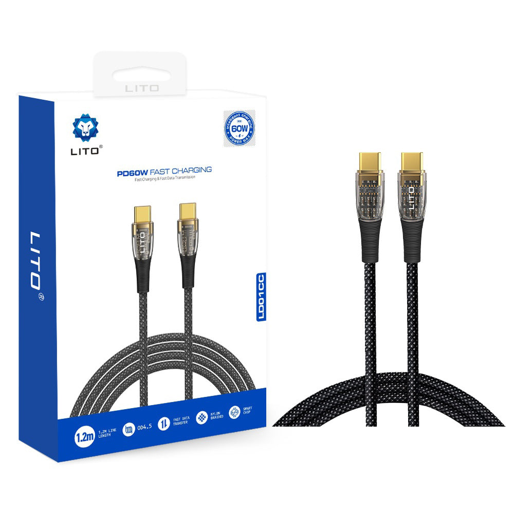 Cablu Date si Incarcare USB-C - USB-C Lito LD01, 60W, 1.2m, Negru